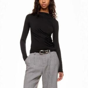 Anine Bing Bray Top Gathered Mock Neck Long Sleeve Minimalist Black Medium